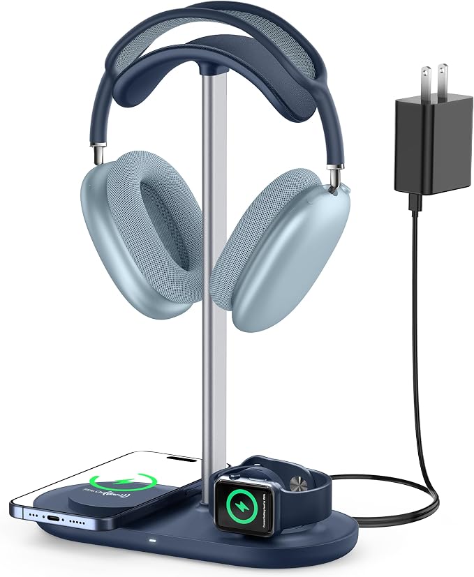 HiWe Headphone Stand, 2-in-1 MagSafe Wireless Charger for iPhone/iWatch | Headset Holder for All Headphones, Aluminum Alloy Bar, ABS Solid Base, PU Headrest, Table Desk Organizer by HIWE