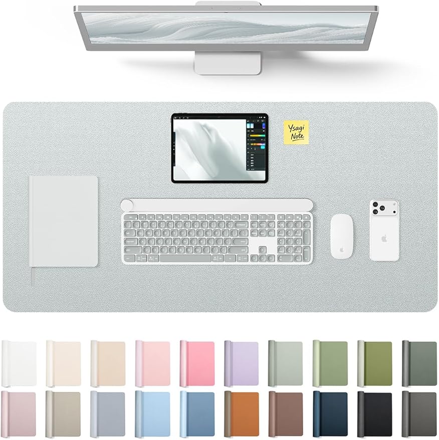 YSAGi Leather Desk Pad Protector, Office Desk Mat, Large Mouse Pad, Non-Slip PU Leather Desk Blotter, Laptop Desk Pad, Waterproof Desk Writing Pad for Office and Home (Silver, 35.4" x 17") by YSAGi