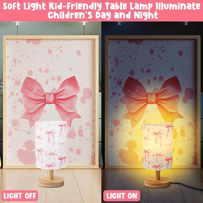 Bow Kids Table Lamp for Bedroom Kids Bedside Lamp with Linen Wooden Nightstand Cartoon Nursery Lampshade for Girls Room Pink Bow Decor - Image 6