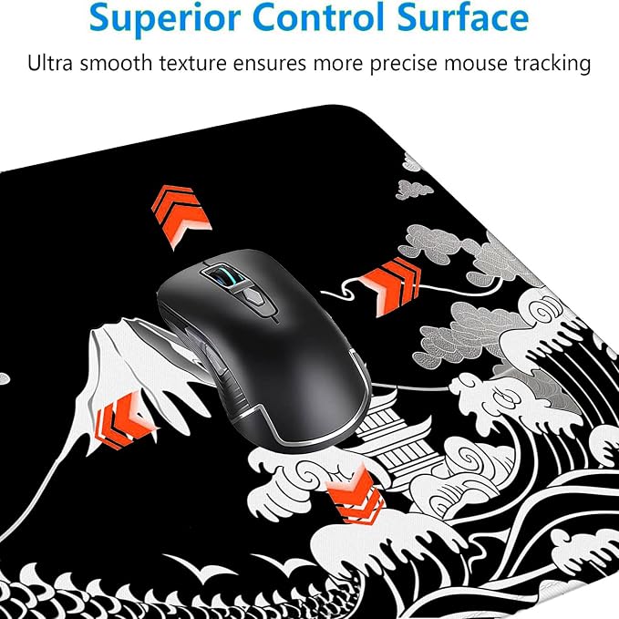 Dragon Desk Mat Gaming Mouse Pad Black White Japanese Sea Wave Extended Gaming Mouse Pad Mat with Stitched Edge Non-Slip Base Big Mouse Pad Office Computer Keyboard Laptop Home 31.5"x11.8" - Image 5