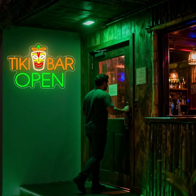 Tiki Bar Neon Sign, Tiki Bar Led Neon Light Signs for Wall Decor Open Hawaii Tropical Luau Aloha Party Outdoor Decorations for Pub Bistro Home Patios Man Cave Dimmable USB Powered Green(16.9"*11.4") - Image 8