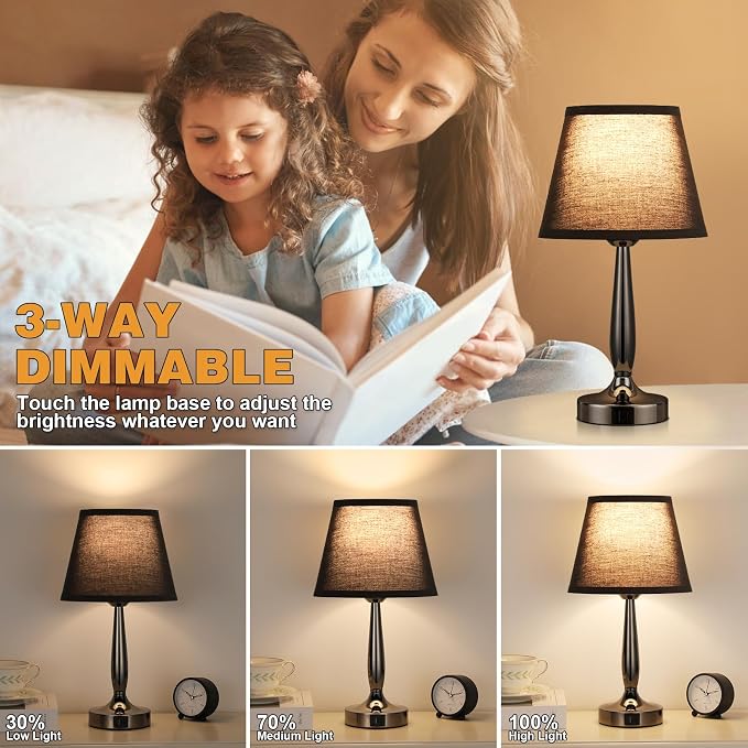 Kakanuo Touch Bedside Lamp for Bedroom with USB C Port, Small Touch Table Lamp with 2 USB Charging Ports, 3 Way Dimmable Nightstand Lamp for Living Room and Office - Black (LED Bulb Included) - Image 2