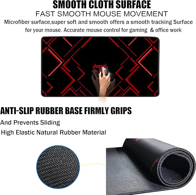 TEDNETGO Large Mouse Pad, Gaming Long Mouse Pad, Waterproof Extra Large Big Mousepad with Stitched Edge, XXL Non-Slip Computer Computer Keyboard Pad Mat for Gamer/Desktop/Office/Home, RED - Image 3