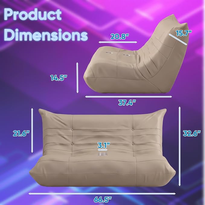 Homall Floor Gaming Chair Boneless Loveseat Couch, Ergonomic Floor Sofa Couch with Cup Holders, Leather Lazy Floor Lounger for Gaming, Reading, Relaxing, Watching TV (Khaki) - Image 2