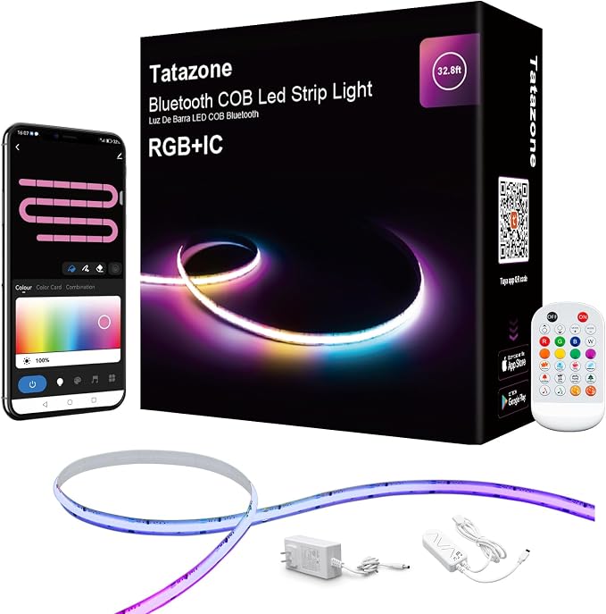 Tatazone 32.8ft Bluetooth RGB+IC COB Led Strip Light with App, Chasing COB Light Strip, Segmented Control, Music Sync, Color Changing Led Lights for Home Decor, Gaming, Cabinet, Desk by Tatazone