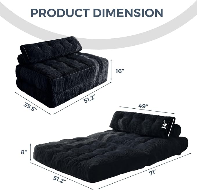MAXYOYO Folding Sofa Bed, Convertible Chair Bed with Pillow | Foldable Couch with Back Support, Portable Fold Out Chair Comfy Floor Sofa for Living Room Bedroom, Black, Double - Image 2