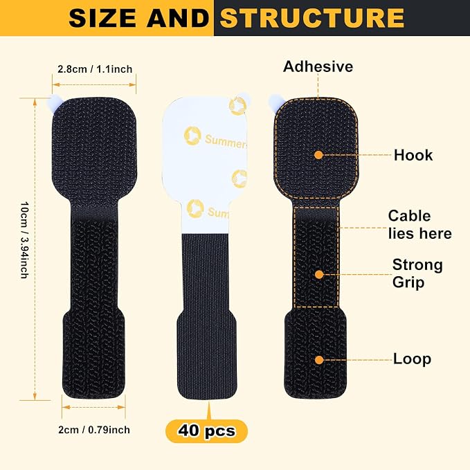 SummerBrite 40-Pack Self Adhesive Cable Straps, Heavy Duty Hook & Loop Ties with Strong Sticky Backing, Reusable Under Desk Cable Management Wire Organizers for Home Office PC, Black - Image 2