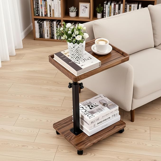 C Table End Table Adjustable Height,C Shaped End for Couch，Snack Tables,360°Swivel TV Tray Sofa Table,Tables that Slide Under,Coffee SideTable for Bed,Chair,Bath-tub,Outdoor(Walnut Color) by BohodiyCShapedEndTable