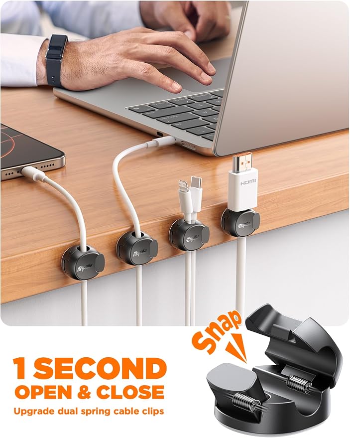 12Pack Cord Organizer [Dual Spring & Clasp, Max Secure] Cable Clips - Chfeila Cord Holder, Desk Cable Management, Adhesive Phone Charging Wire Holder for Nightstand/Car/Wall, Office Accessory - Black - Image 2