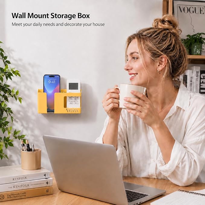 D3 Wall Mount Phone Holder, Punch-Free Wall-Mounted Mobile Phones Charging to Stand, Sticky Remote Control Storage Box Bedside Lazy Mobile Phone Rack, Multipurpose Storage Box (2 Pack-Y) - Image 4