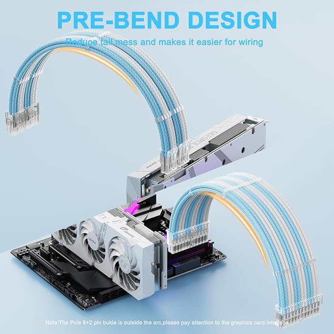 Sirlyr PSU Cable Extension,Customed Pre-Bend PC Power Supply Cable,1x 24 Pin ATX / 1x 8 (4+4) Pin EPS/Longer 2X 8 (6+2) Gold-Plated Pin Pcie,Nylon Sleeved Blue White,4 Kits - Image 2