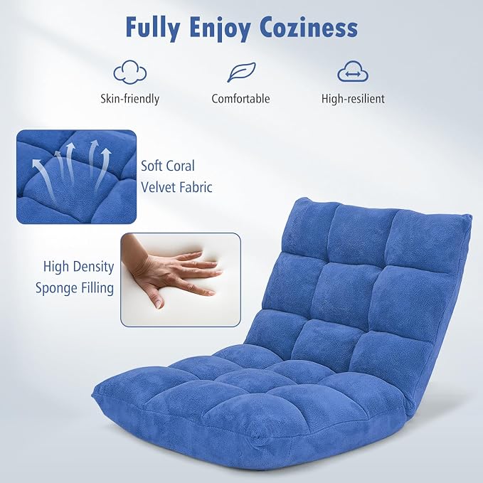 GIANTEX Floor Chairs for Adults, Floor Gaming Chair w/Back Support (Blue) | Coral Velvet, 14 Adjustable Position, Thick Sponge Padding, Floor Seating Lounge for Reading, Watching TV, Meditation - Image 5