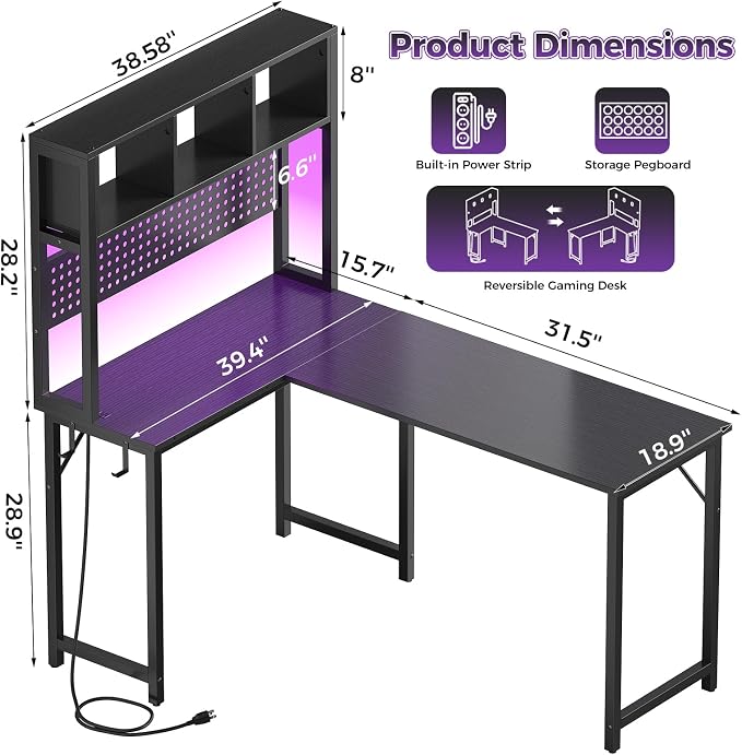 Small Black L Shaped Gaming Desk with Hutch , 47 Inch Corner Gaming Desk with Storage Shelves for Bedroom Small Space, Reversible L-Shaped Computer PC Desks with Pegboard LED Light for Kids Boys Girls - Image 2