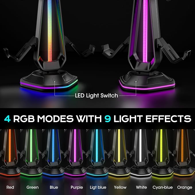 Saitake RGB Controller Stand, Gaming Controller Holder with 9 Light Modes, 2 USB Charging Ports, Headset Stand, Desk Organizer for Xbox PS5 PS4 Switch PC, 4 Controllers & 1 Headphone (Black) - Image 5