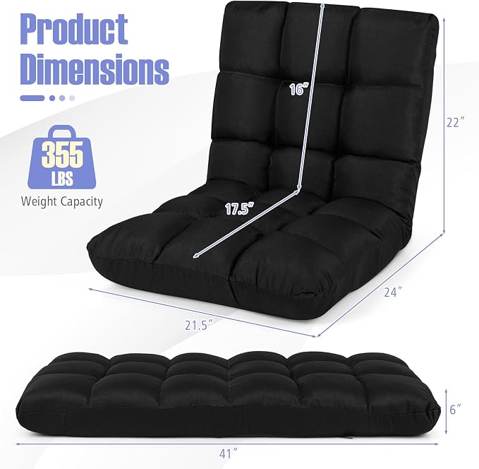 Giantex Adjustable Floor Gaming Sofa Chair 14-Position Cushioned Folding Lazy Recliner High Resilience Sponge, Breathable Cotton & Linen Fabric Sleeper Bed Couch Recliner (Black) - Image 3