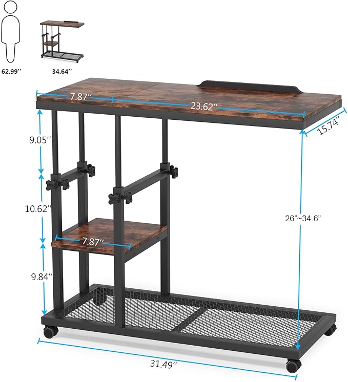 Tribesigns Height Adjustable C Table with Wheels, Mobile Couch Snack Side Table with Tiltable Drawing Board, Sofa Bedside Laptop Stand C Shaped TV Tray with Storage Shelves (Brown) - Image 2