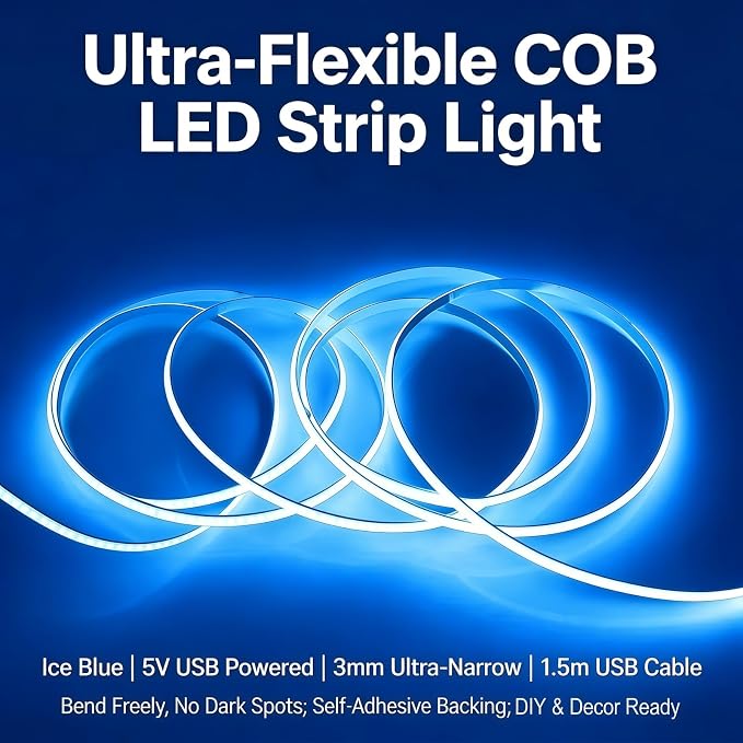 Ultra-Narrow 3mm USB COB LED Strip Lights Self-Adhesive, Kitchen Cabinets, Bedroom, Gaming Desk (Lcy Blue, 2ft) - Image 9