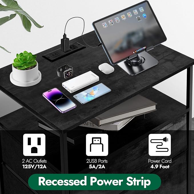 3-Drawer LED Nightstand Set 2 with Charging Station, Black - Image 6