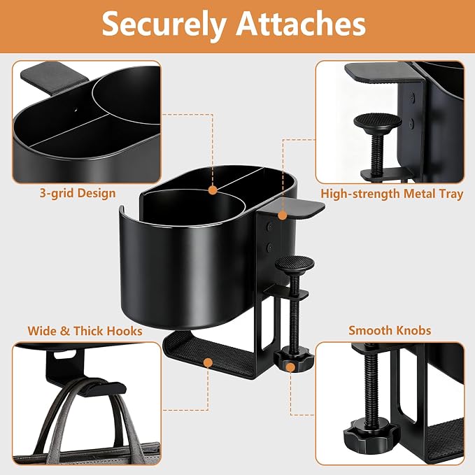 4 in 1 Desk Cup Holder, Clamp On Drink Holder with Headphone Hanger - Image 3