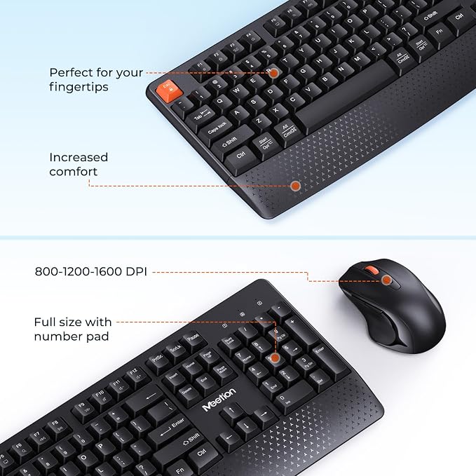 MEETION Wireless Keyboard and Mouse Combo, Full-Size with Wrist Rest Black - Image 3