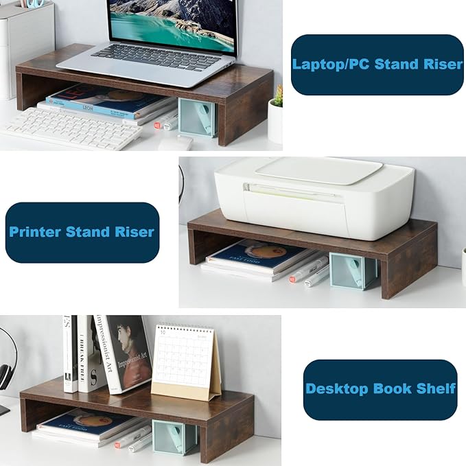 TEAMIX 20 inch Wood Monitor Stand Riser, Desktop Riser Shelf, Rustic Brown | Fits Laptop, Printer, TV, PC Tower, Full Keyboard Storage Underneath, Ergonomic, Desk Organizer for Home Office, Gaming Setup - Image 5
