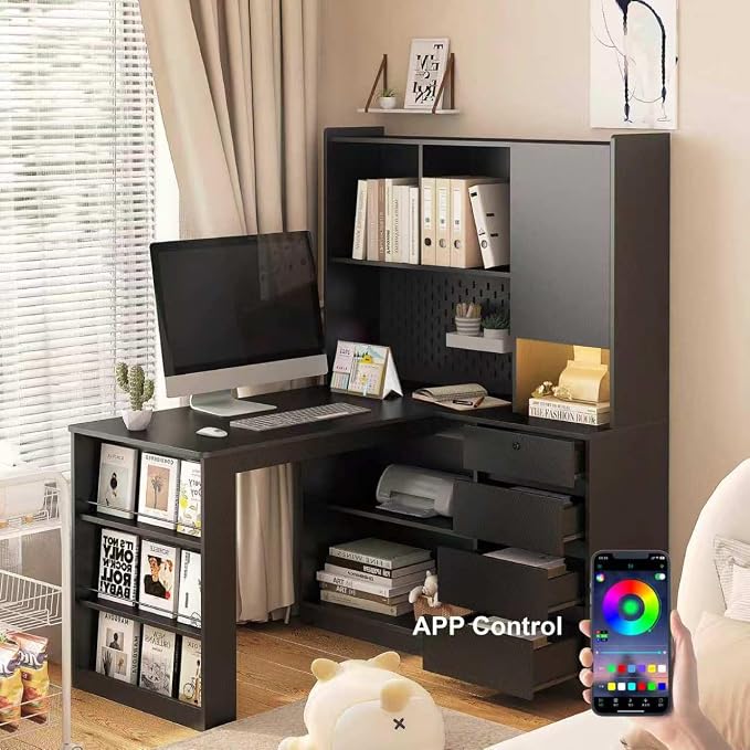 KEIKI L Shaped Home Office Desks with LED Light, Pegboard, Hutch, Drawers, Bookshelf & Storage Shelves, Modern Wooden Gaming Computer Corner Table for Work, Study, Writing by KEIKI