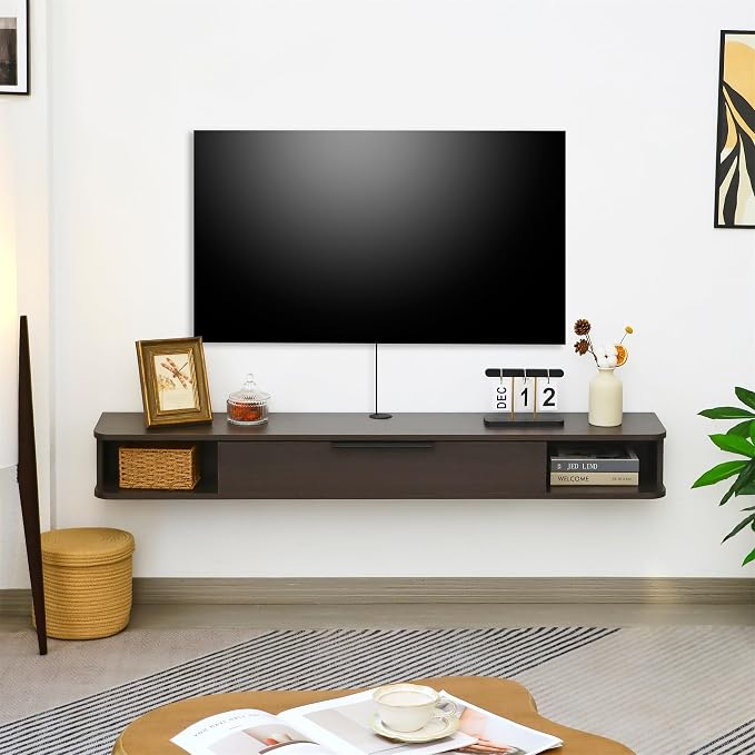 Floating TV Stand, 55" Wall Mounted TV Cabinet, Wood Media Console for TVs up to 65", Entertainment Center with Storage for Living Room, Under TVs Shelf for DVD Player, Coffee - Image 4