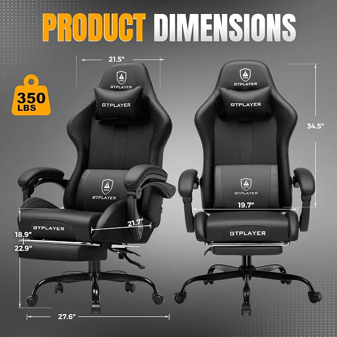 GTPLAYER Gaming Chair with Pocket Spring Cushion, Leather Office Chair with Ergonomic High Back & Lumbar Support for Back Pain Relief, Computer Game Chair for Adults, Black - Image 3