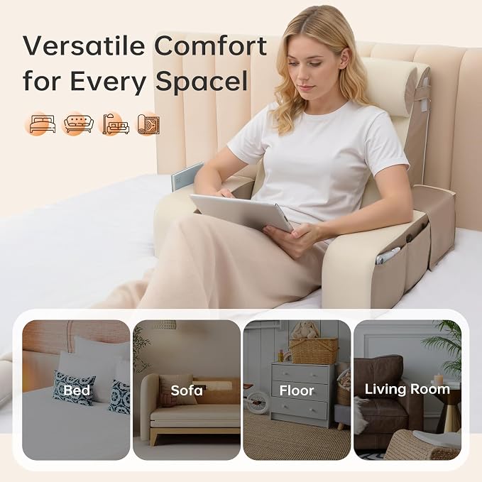 Vekkia 21" Reading Pillow for Bed with XL Side Pockets for Adult | 60° Wedge Back Support,Adjustable Arms,Washable Cover,Support for TV,Gaming,Working,Nursing,Recovery in Bed&Floor,Beige/Camel - Image 7