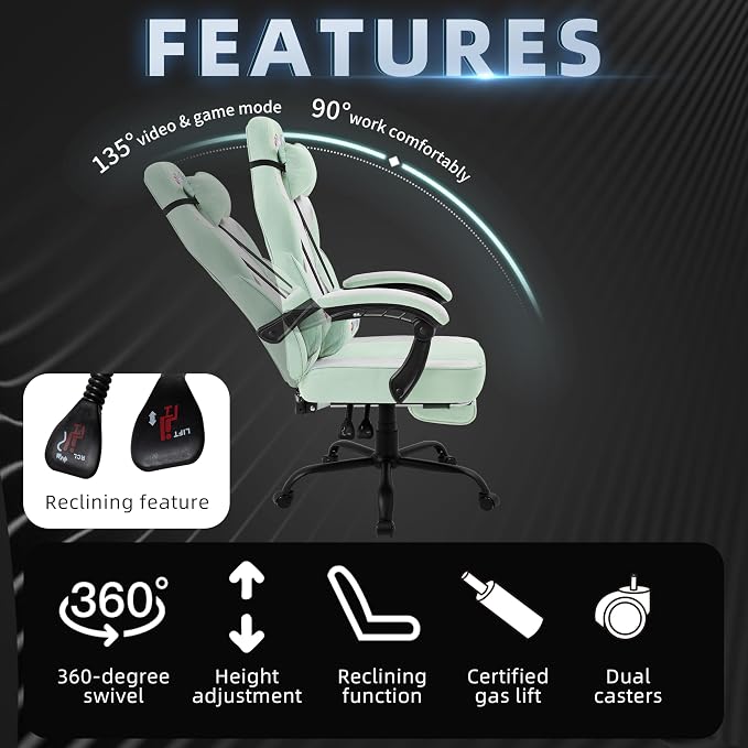 Shintenchi Big and Tall Gaming Chair Fabric Pocket Spring Cushion,High Back Recliner with Footrest and Headrest for Adults, Massage Lumbar Support for Home Office, Ergonomic Computer Desk Chair, Green - Image 6