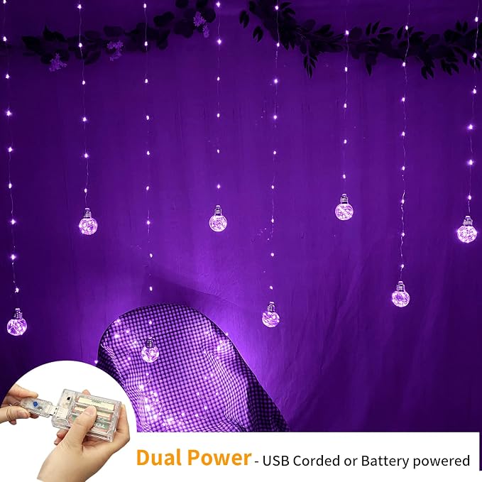 YOLIGHT Wishing Ball Curtain Lights 200 LED Window Curtain String Lights with Remote, USB Battery Powered Twinkle Globe Fairy Lights for Wedding Party Bedroom Halloween Christmas Decoration (Purple) - Image 4