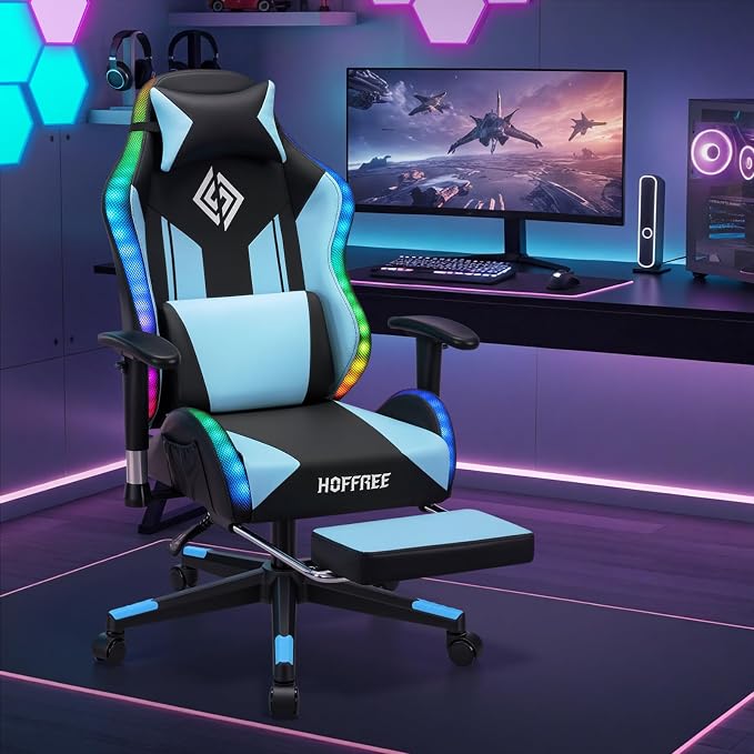 HOFFREE RGB Gaming Chair for Kids LED Computer Chair 155°Recliner-Blue | PC Game Chair with Lights Gamer Chair for Boys Teens 8-15 Video Game Chairs with Footrest and Lumbar Support Racing Style - Image 2