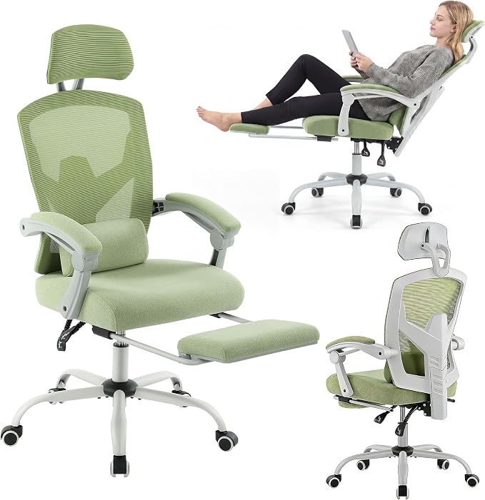 Home Office Desk Chair, Comfortable Mesh Chair with Foot Rest, Green | Reclining Gaming Chair with Headrest and Lumbar Support, 90°-130° Reclining, Silent Swivel by BRITEMART