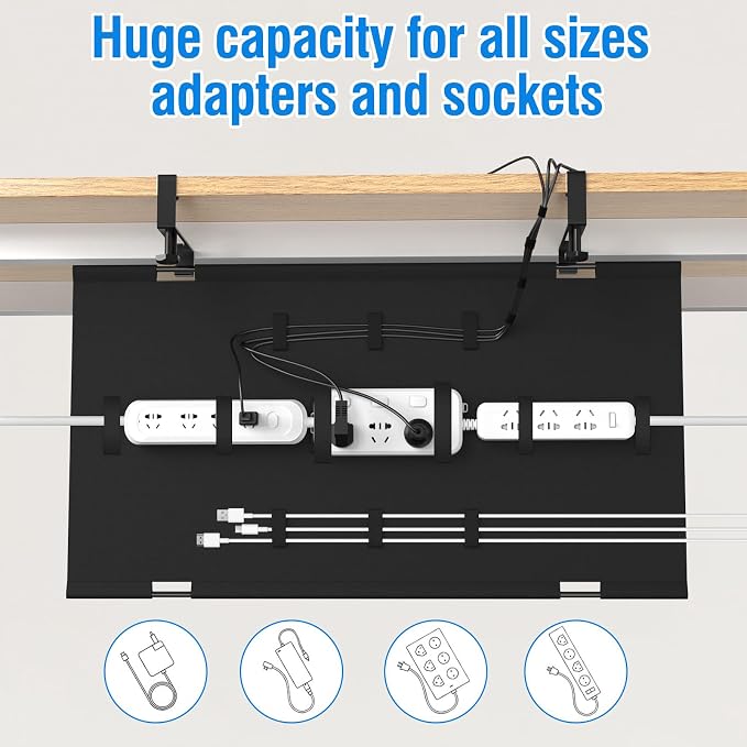 No Drill Under Desk Cable Management Tray, 28" Cord Management Tray with Cable Loop, Upgraded Oxford Fabric Wire Management for Standing Desk - No Damage to Table - Image 2