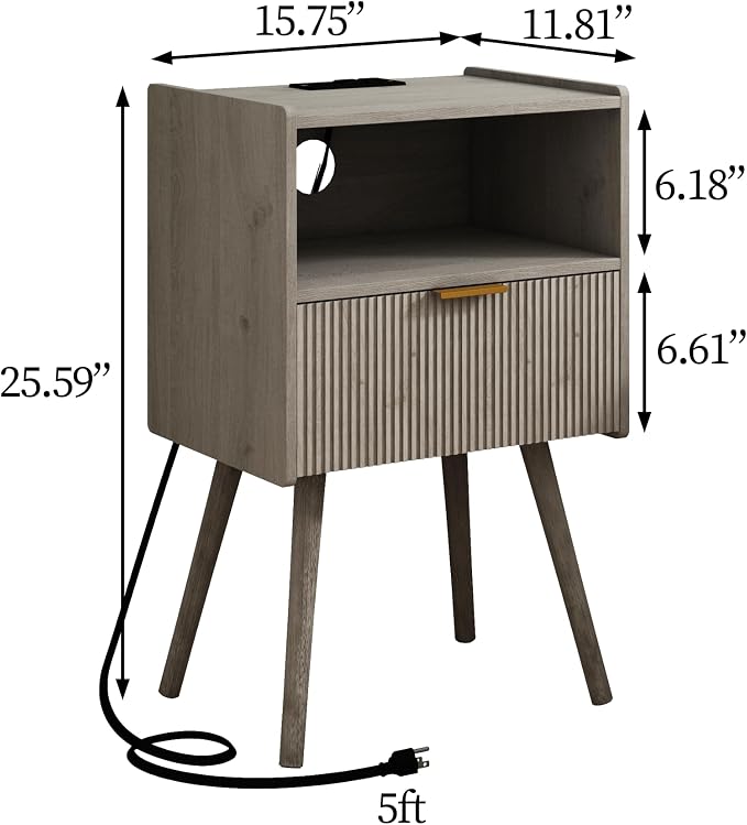 JOONEE Nightstand with Outlet,Modern Bedside Table with Storage Drawer and Open Wood Shelf, for Living Room, Bedroom and Small Spaces, Accent Night Stand with Solid Wood Legs, Easy Assembly,Grey Oak - Image 2