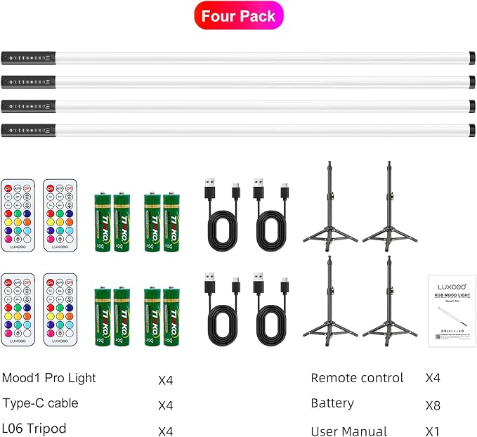 4 Pack RGB DJ Tube Lights 4ft LED Video Stick Lights with Stand 5000mAh Battery Powered Color Neon Light Bar for Parties Dance 360 Photo Booth Studio Photography Wedding Stage Lighting - Image 8