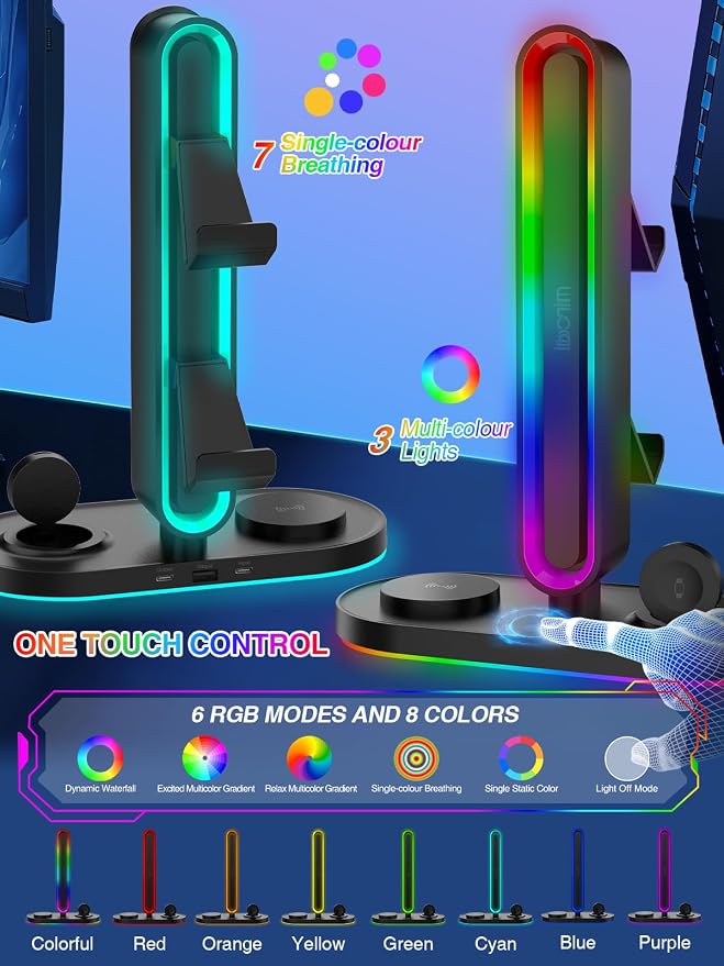 RGB Headset Stand with Wireless Charger, 8-in-1 Charging Station for iPhone, Samsung, Apple Watch Type-C/USB Ports, Gaming Headphone & Controllers Holder, Organizer for Desk Includes 20W PD Adapter - Image 3