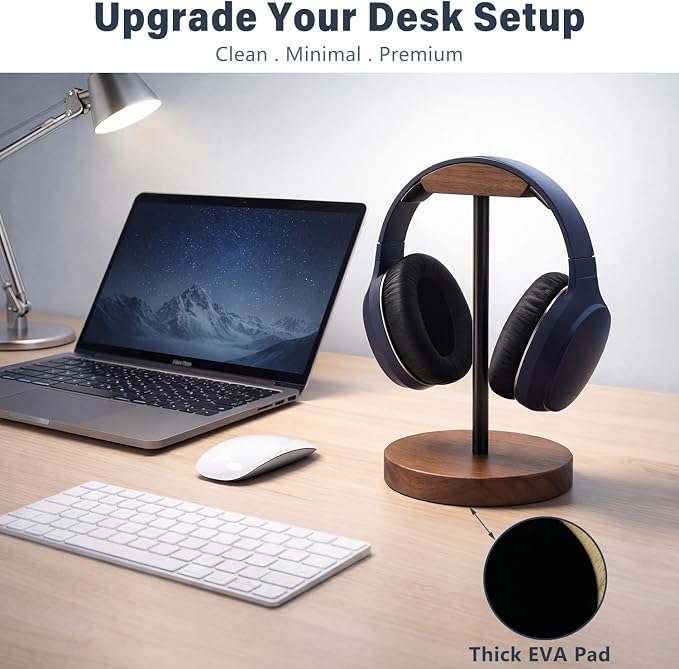 Wood & Metal Headphone Stand, Headset Holder for Desk, Desktop Gaming Headphone Hanger with Stable Non-Slip Bamboo Base, Universal Earphone Stand for Gaming, Office, Home, Gift - Image 2