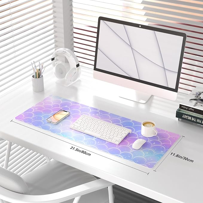 QiyI PU Leather Large Mouse Pad, Office Decor, 31.5" x 11.8", Mermaid Scale | Desk Décor Accessories, Extended Size, Waterproof & Easy to Clean, Smooth Surface, Non Slip Desk Organization - Image 2