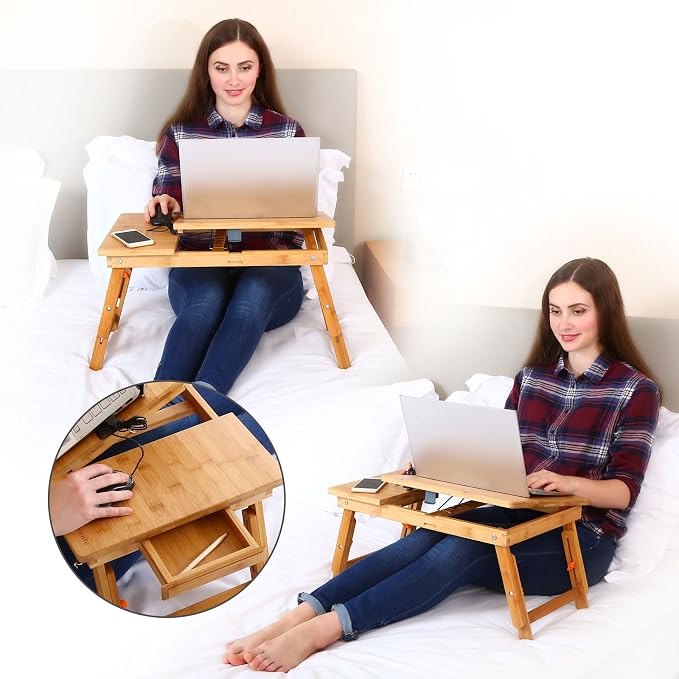 Nnewvante Bamboo Bed Tray with Tilting Top, Drawer 23.6 x 15.8in - Image 7