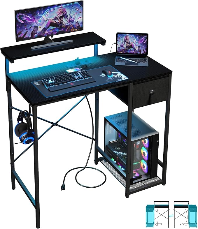 X-cosrack 33.5" Small Gaming Desk with LED Lights & Power Outlets, Drawers by X-cosrack