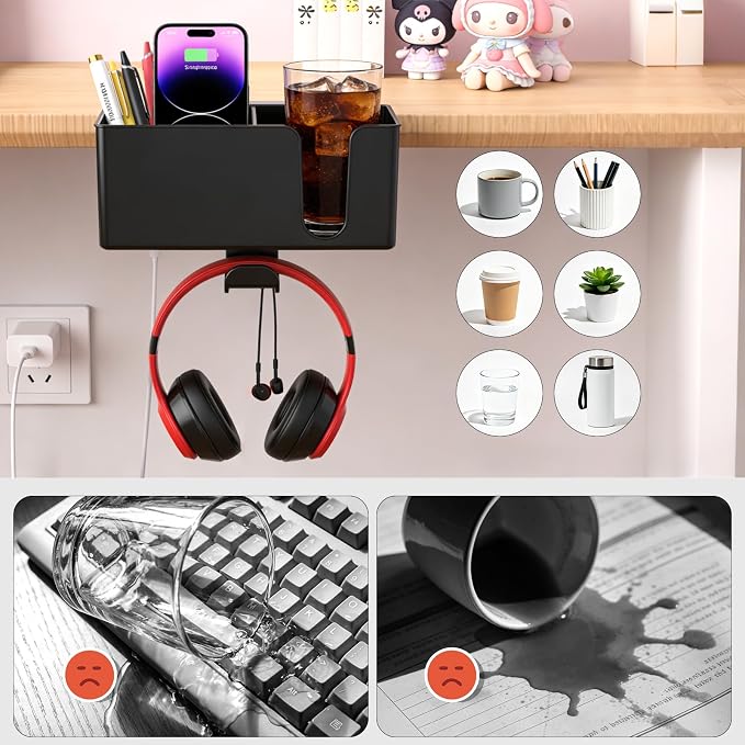 Desk Cup Holder Clamp, Clip On Drink Holder with Rotating Headphone Hanger - Image 6