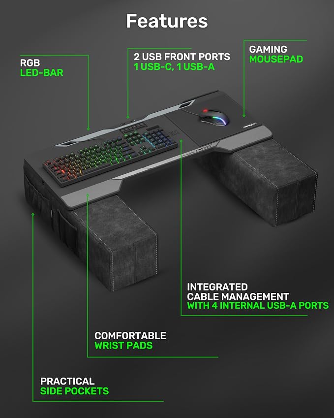 Couchmaster CYCON³ HORIZONLIGHT Bar, Ultimate Ergonomic USB-Hub Gaming Lap Desk for Couch and Bed, Large, Stable and Compatible with All Keyboards and Mouse/Mice, Laptops, PCs, PS4/5, Xbox - Image 4