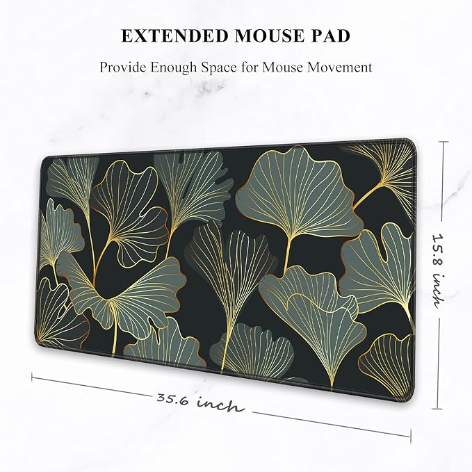 Auhoahsil Extended Mouse Pad, XXL Gaming Mouse Pads, Large Big Mousepad Laptop Computer Keyboard Mat Desk Pad with Non-Slip Base Stitched Edge for Gaming Office, 35.5 x 15.7 inch, Gold Line Leaves - Image 2