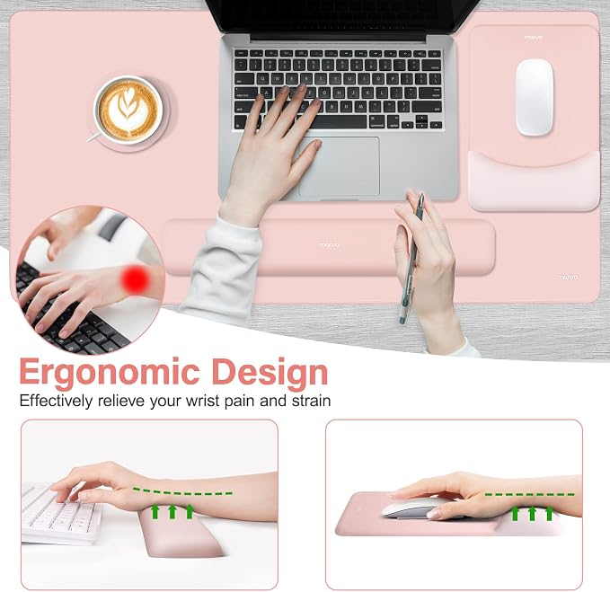 MOSISO Keyboard Mouse Pad Set, Large Gaming Mouse Pad&Keyboard Wrist Rest | Rectangular Mousepad with Wrist Rest&Coaster, Ergonomic Non-Slip&Easy Typing Pad with Curved Silicone Lining, Baby Pink - Image 3