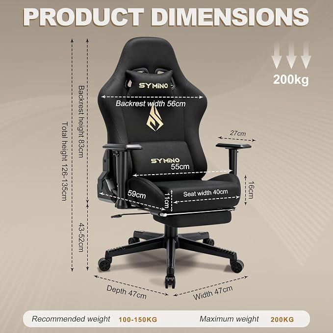 Symino Gaming Chair, High Back Ergonomic Office Chair with 2D Adjustable Armrests, 150° Recline, Breathable Faux Suede, Adjustable Headrest & Footrest for Home Office - Image 3