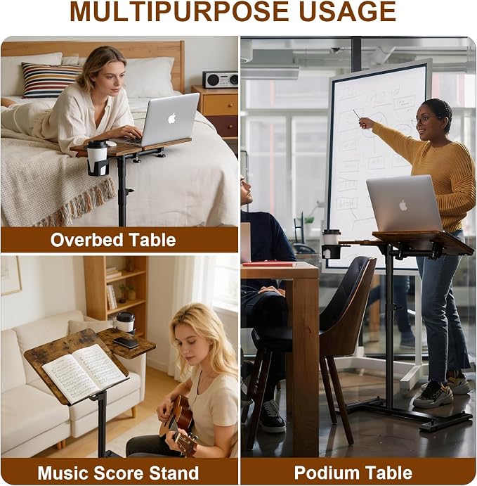 Aothia Small Standing Desk Rolling Table Adjustable Height, Laptop Mobile Stand with Wheels, Overbed Table, Portable Computer Workstation with Tiltable Desktop for Teacher Classroom Home Office, Brown - Image 9
