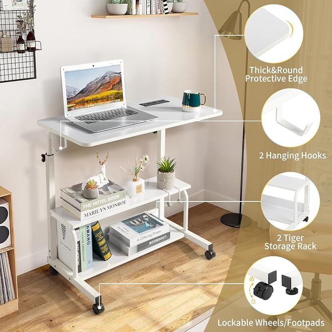 Karl home 31.5" Portable Rolling C-Shaped Computer Desk on Wheels, White - Image 7