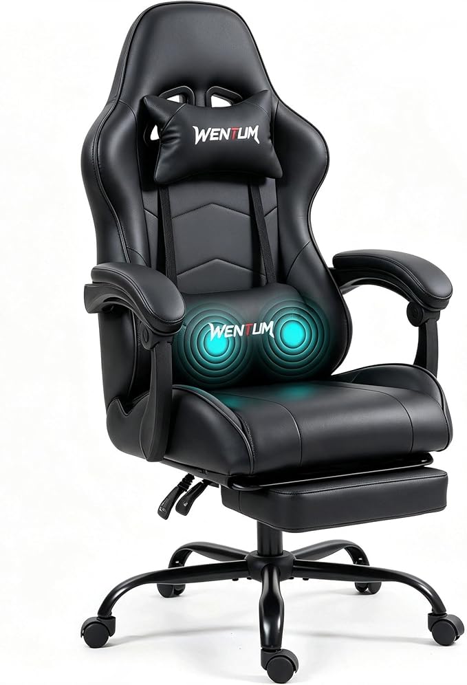 Gaming Chair with Footrest for Adults, PU Leather Massage Racing Video Game Chair with Lumbar Support for Men Women, Ergonomic Computer Chair for Home Office, Height Adjustable, Black by WENTUM