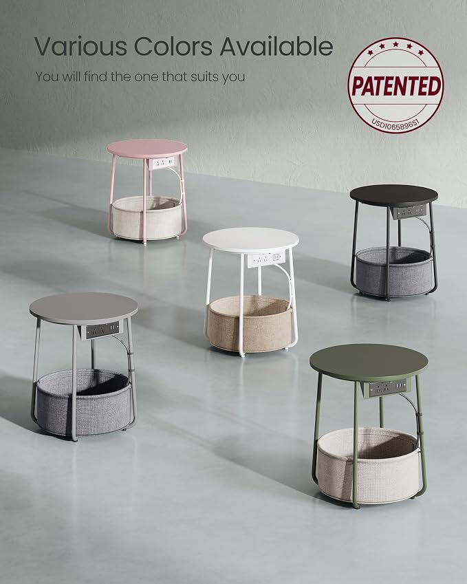 VASAGLE Side Table with Charging Station,Fabric Basket, Round End Table - Image 10